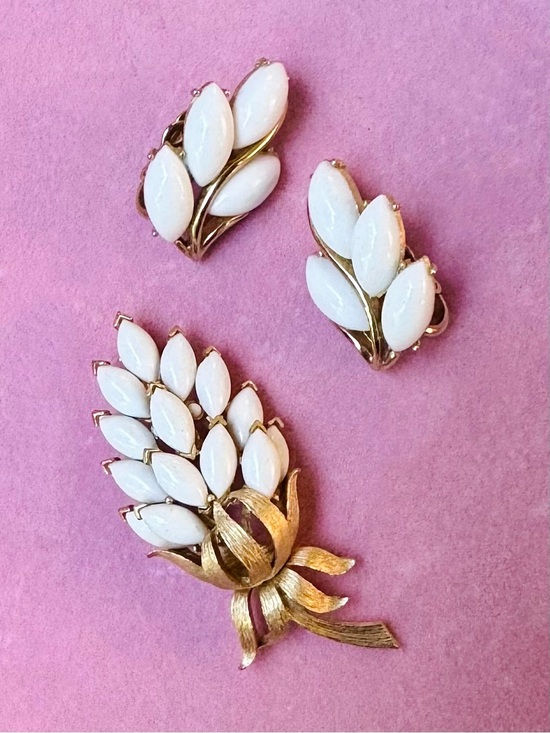 Crown Trifari Jewelry - Vintage Crown Trifari Floral Brooch and Clip-On Earrings Set *RARE*